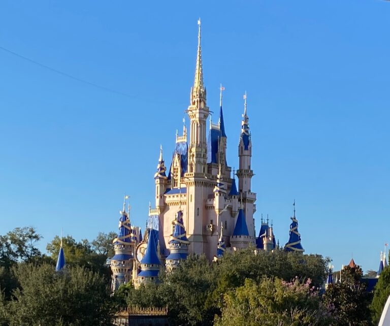 A pink castle towers above trees at Magic Kingdom.