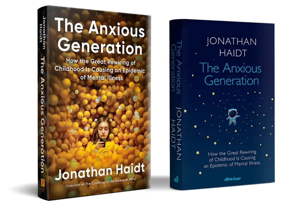 The book cover for The Anxious Generation: How the Great Rewiring of Childhood Is Causing and Epidemic of Mental Illness, by Jonathan Haidt features a brown-haired girl focused on her phone surrounded by yellow plastic balls. Order a copy of the book at anxiousgeneration.com