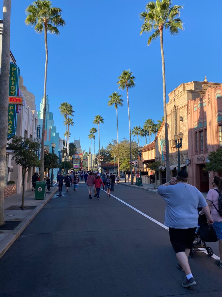 People stream down the main street in Hollywood Studios.