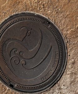 A manhole cover has the symbol of a dragon.