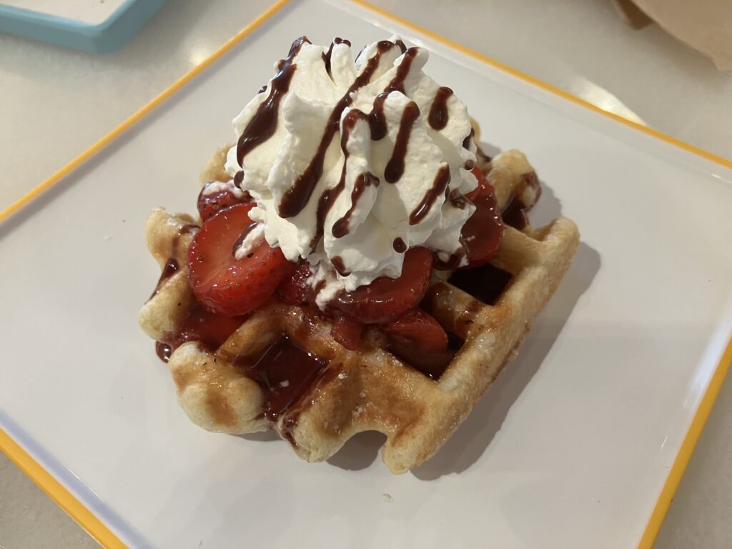 A small waffle topped with strawberries, chocolate sauce and whipped cream.